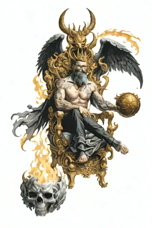 lucifer, most beautiful of gods creations, sitting on golden throne. one hand points up, one down. wreathed fire crown tattoo design idea