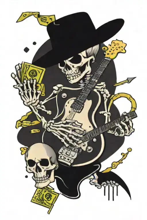 A neotraditional tattoo of a guitar being strummed by a skeleton hand with money falling out tattoo design idea