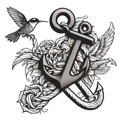 An anchor intertwined with a colibrí and farm elements to represent loved ones who have passed away tattoo design idea