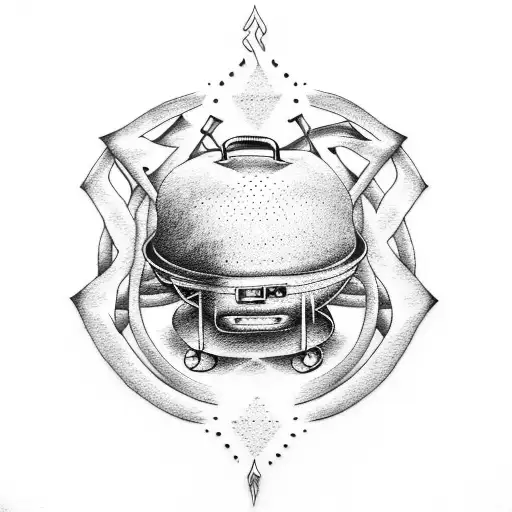 A BBQ grill with dream theater album covers incorporated in dotwork style tattoo design idea
