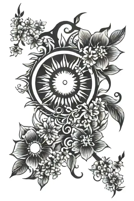 tribal sun and cherry blossoms wrapped tattoo design idea
