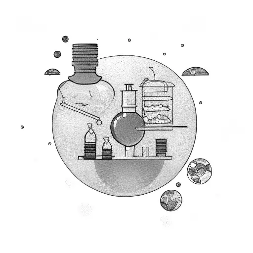 A sketch-style illustration of a bioquimica laboratory with a joaninha flying above tattoo design idea