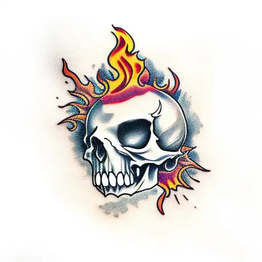 Half face half skull in flames tattoo design idea