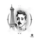 collage with: chaplin, eiffel tower, christ monument, empanada, tennis raquet, soccer ball tattoo design idea