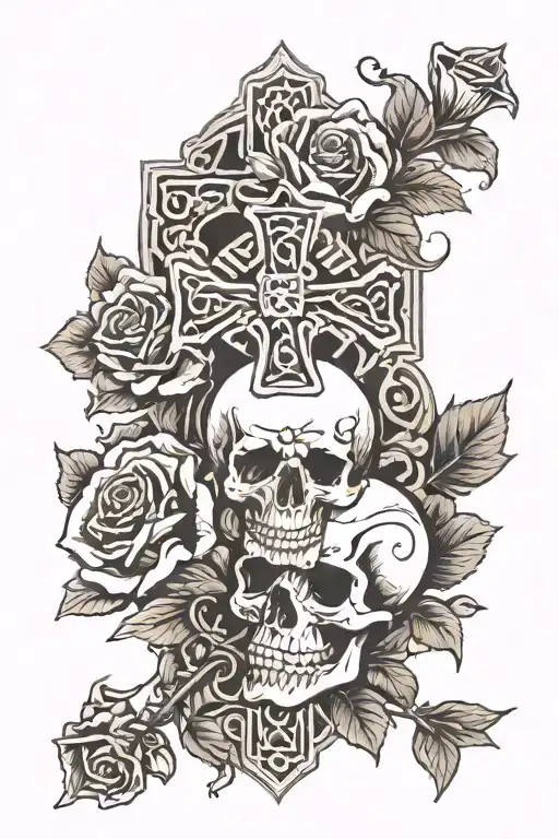 skulls with roses and celtic cross tattoo design idea