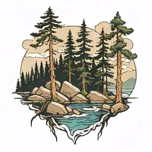 old growth spruce trees and rocky lake shore tattoo design idea