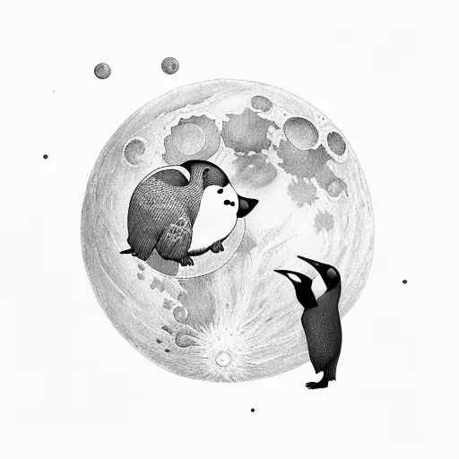 una luna con dos pingüinos pequeños besándose sobre ella tattoo design idea