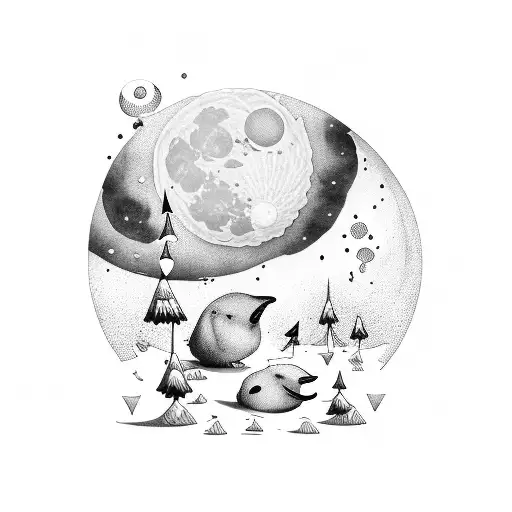 una luna con dos pingüinos pequeños besándose sobre ella tattoo design idea