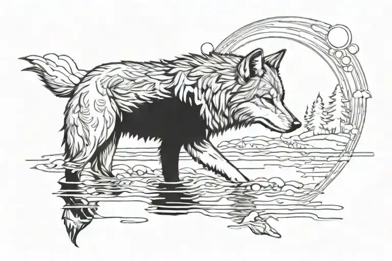 Wolf looking down in the water and seeing the reflection of himself as a kid with landscape in the background tattoo design idea