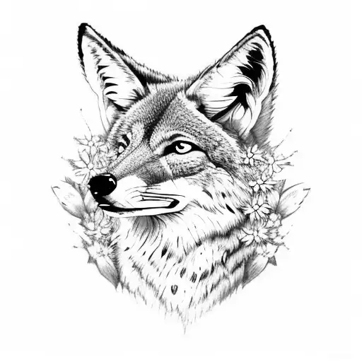 coyote head with masculine flowers and edelweiss  tattoo design idea