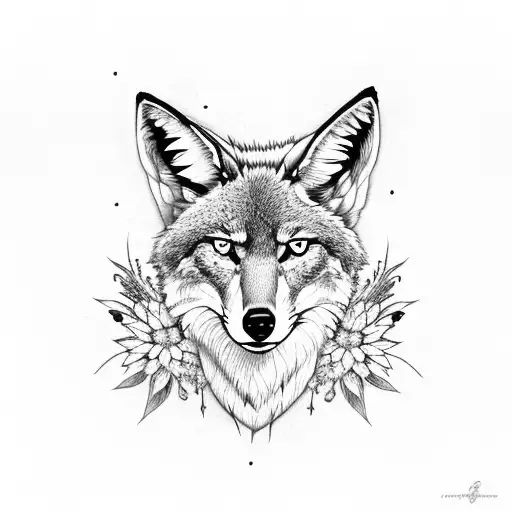 coyote head and edelweiss flower and botanical sleeve  tattoo design idea