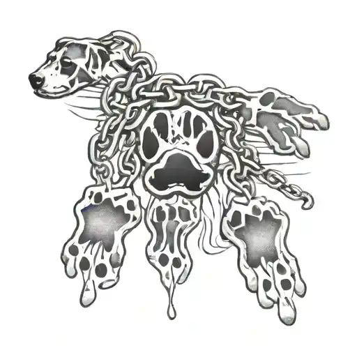 4 dog foot prints are linked by a chain tattoo design idea