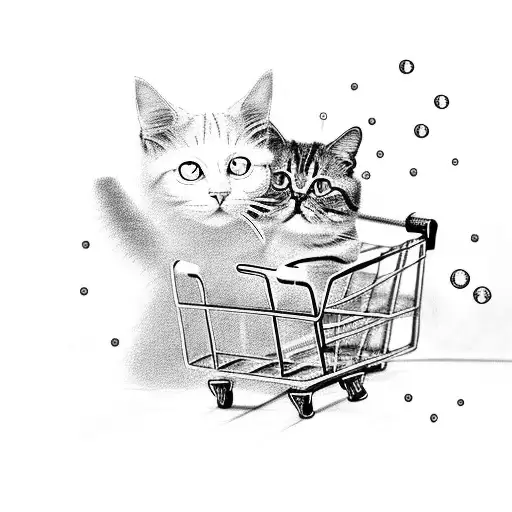 2 little girls in a shopping cart driving very fast, shocked cat in front of the shopping cart tattoo design idea