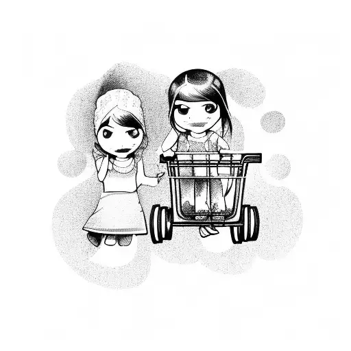 2 little girls in a shopping cart driving very fast tattoo design idea