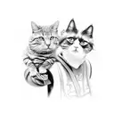 2 little girls in a shopping cart driving very fast, shocked cat in front of the shopping cart tattoo design idea