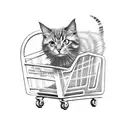2 little girls in a shopping cart driving very fast, shocked cat in front of the shopping cart tattoo design idea