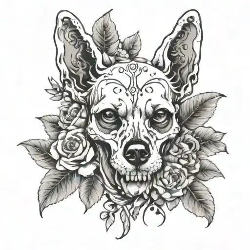 dog skull surrounded by flowers tattoo design idea