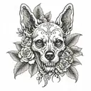 dog skull surrounded by flowers tattoo design idea