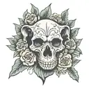 dog skull surrounded by flowers tattoo design idea