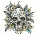 dog skull surrounded by flowers tattoo design idea