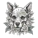 dog skull surrounded by flowers tattoo design idea