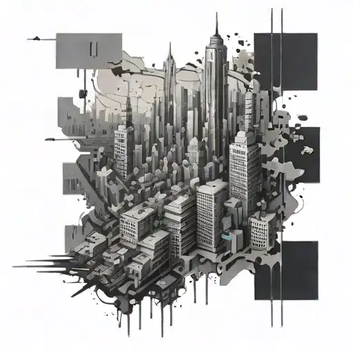 A futuristic cityscape with hidden puzzle pieces scattered throughout tattoo design idea