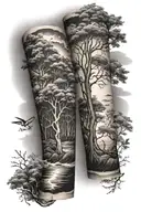 Black and white forearm tattoo, with trees and ocean, representing nature and respect for life tattoo design idea