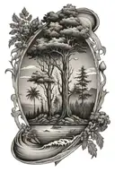 Black and white forearm tattoo, with trees and ocean, representing nature and respect for life tattoo design idea