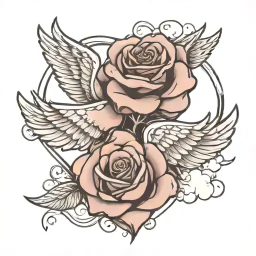 rose wrapped around a heart with wings amongst clouds tattoo design idea