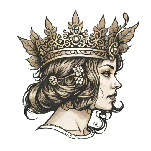 girl with brown wavy bob wearing a crown tattoo design idea