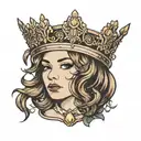 girl with brown wavy bob wearing a crown tattoo design idea