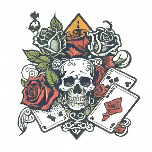 3 playing cards with 2 dice in front and roses placed around tattoo design idea