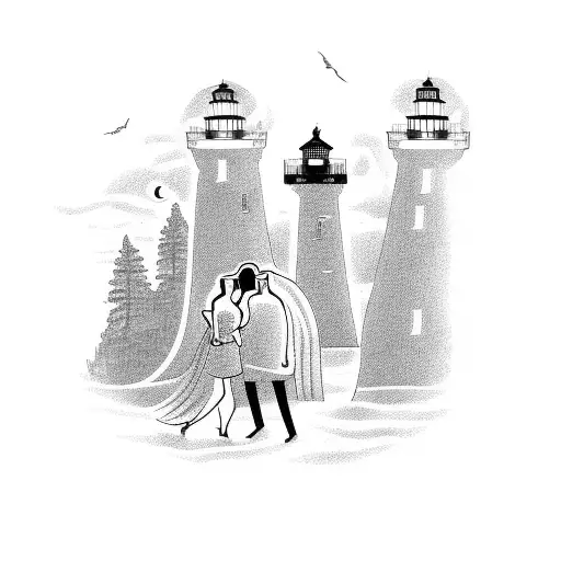A couple embracing under a lighthouse, representing the strength of their relationship tattoo design idea