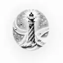 A heart-shaped lighthouse surrounded by waves and stars tattoo design idea