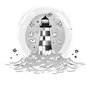 A heart-shaped lighthouse surrounded by waves and stars tattoo design idea