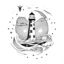 A heart-shaped lighthouse surrounded by waves and stars tattoo design idea