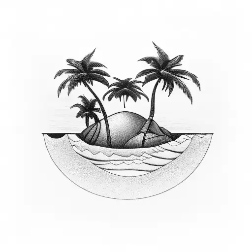 Palm, trees, and beach with kids name tattoo design idea
