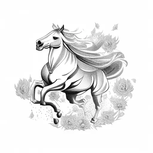 A majestic horse running through a field of flowers tattoo design idea