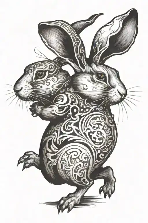 black and white rabbit. one runs after the other and will not catch up tattoo design idea