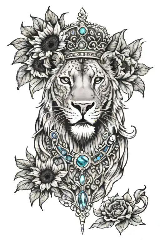 lioness, sunflowers, gemstones, beading, crown, large  tattoo design idea