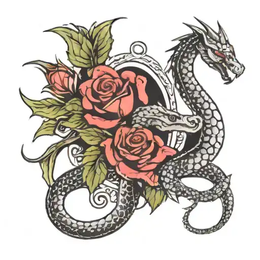 dragon and rose with snake tattoo design idea