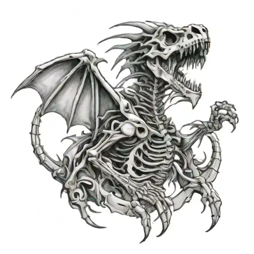 decaying skeleton dragon hugging and tearing into body tattoo design idea
