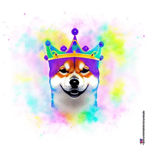 a Shiba Inu wearing a crooked crown on its right ear, set against a backdrop of vibrant purple smoke. Capture the joyful tattoo design idea