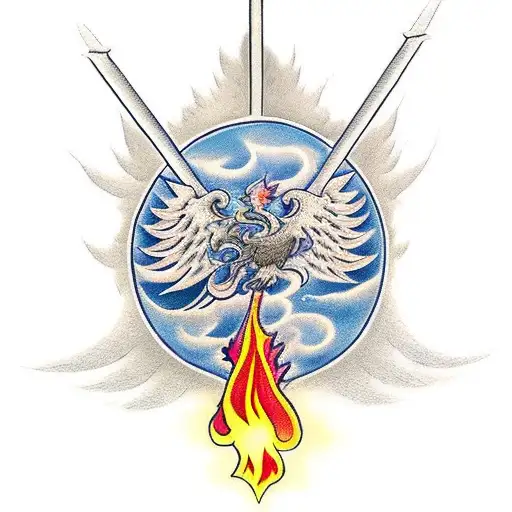 holy cross sword with phoenix rising from flames tattoo design idea
