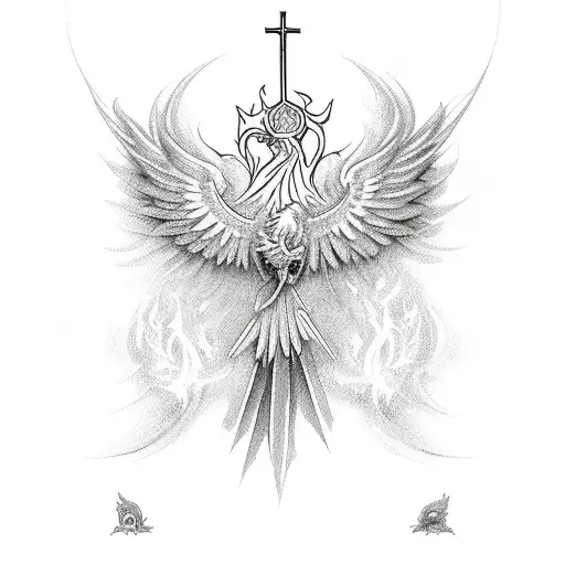 holy cross sword with phoenix rising from flames tattoo design idea