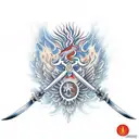 holy cross sword with phoenix rising from flames tattoo design idea