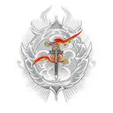 holy cross sword with phoenix rising from flames tattoo design idea
