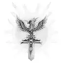 holy cross sword with phoenix rising from flames tattoo design idea