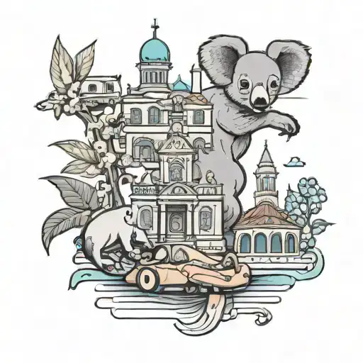 A traditional style tattoo of iconic landmarks of Istanbul, with a koala and a sugar glider (petauro dello zucchero) perched on top, showcasing your favorite things in a unique way tattoo design idea