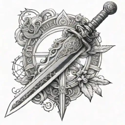 A tattoo design combining a Roman gladiator sword with ancient legal symbols, representing the intersection of history, law, and passion for justice tattoo design idea